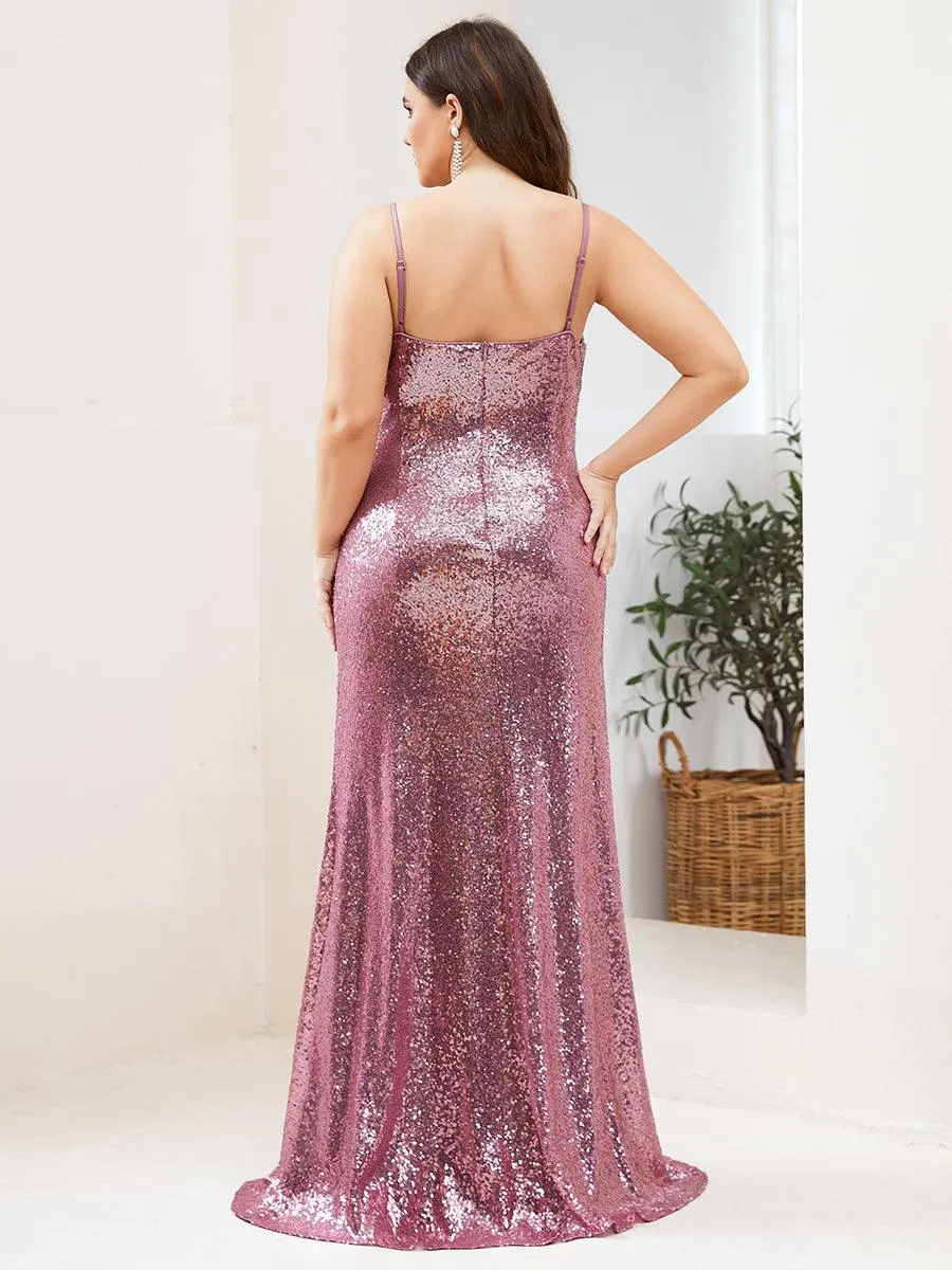 Robe de Soirée Sirène Grande Taille à Bretelles Spaghetti à Paillettes(Vente finale)