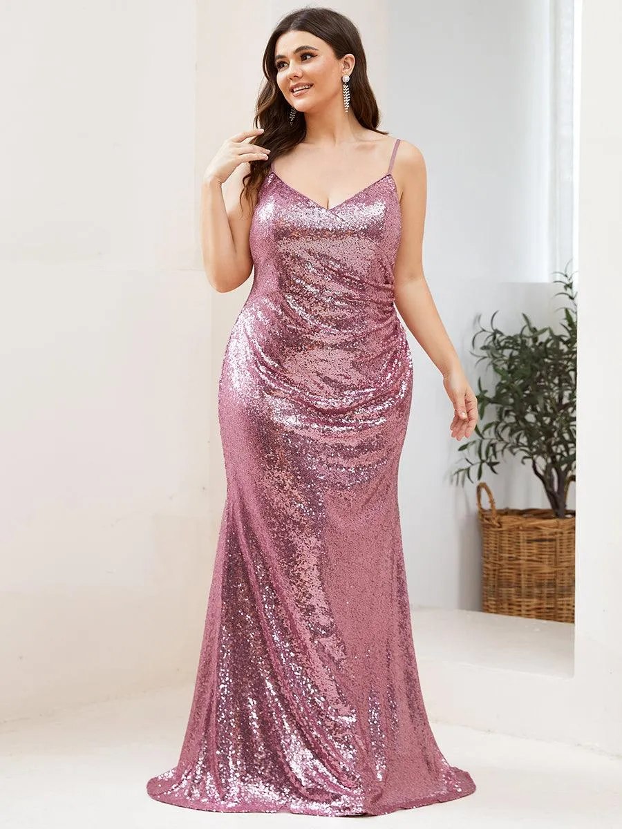 Robe de Soirée Sirène Grande Taille à Bretelles Spaghetti à Paillettes(Vente finale)
