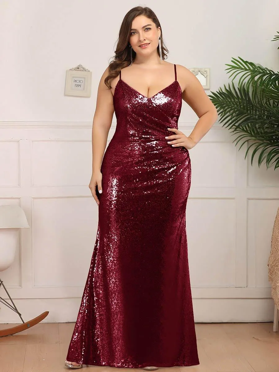 Robe de Soirée Sirène Grande Taille à Bretelles Spaghetti à Paillettes(Vente finale)