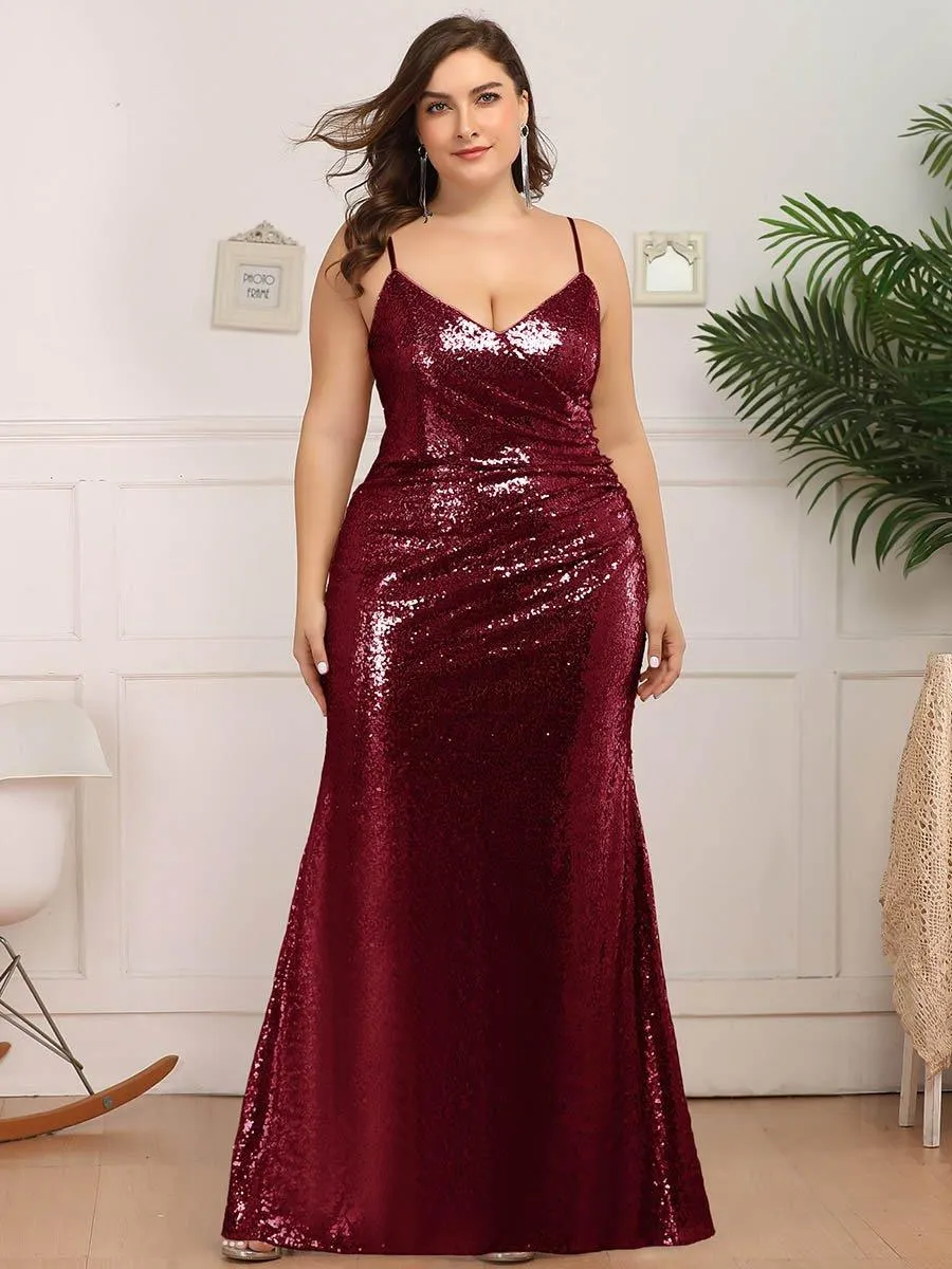 Robe de Soirée Sirène Grande Taille à Bretelles Spaghetti à Paillettes(Vente finale)