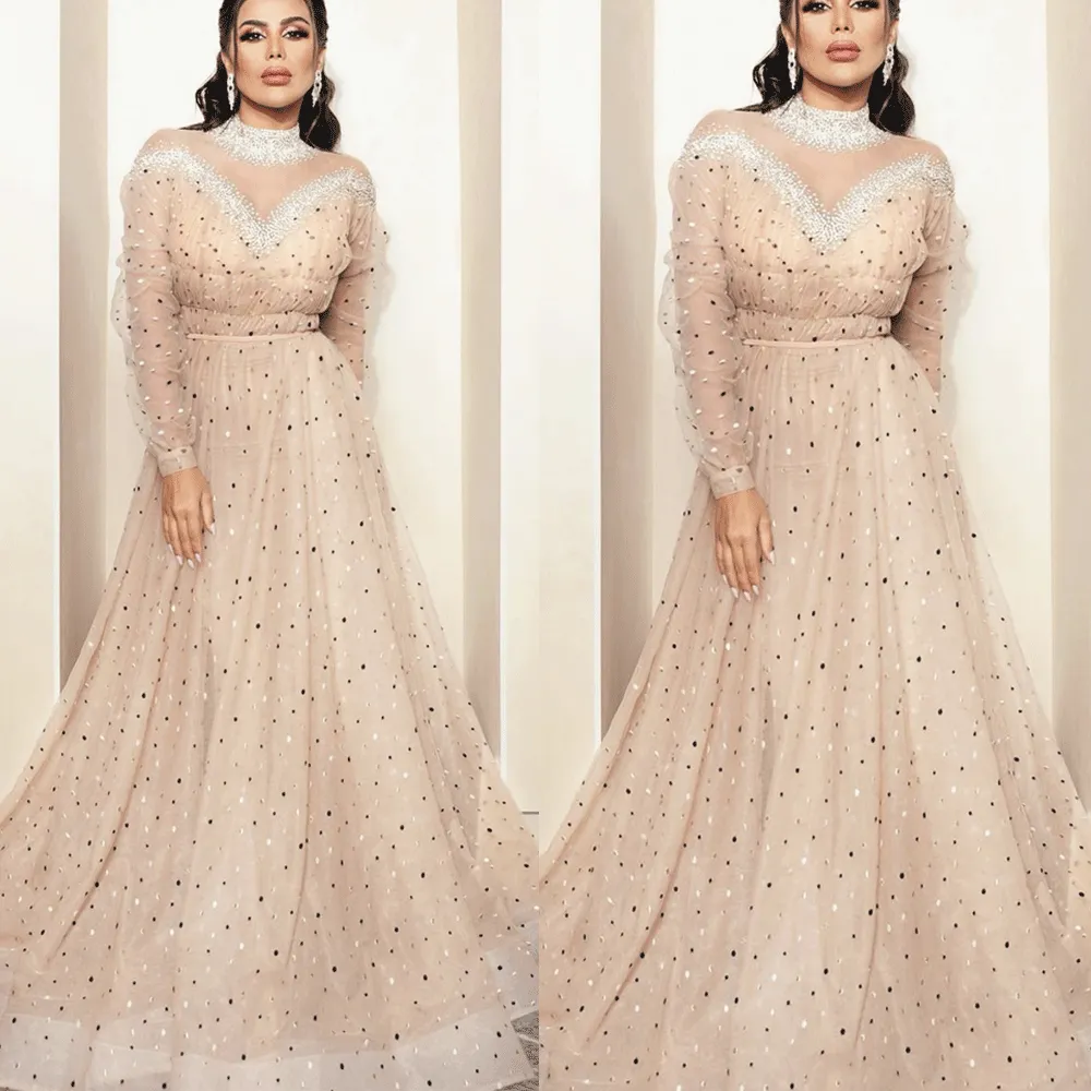 robe de soiree longue champagne prom dresses long sleeve high neck crystals beaded luxury prom gown