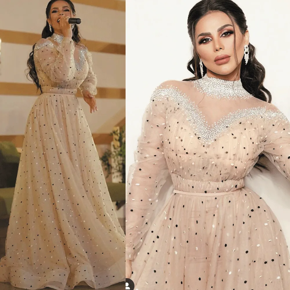 robe de soiree longue champagne prom dresses long sleeve high neck crystals beaded luxury prom gown