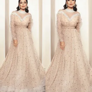 robe de soiree longue champagne prom dresses long sleeve high neck crystals beaded luxury prom gown