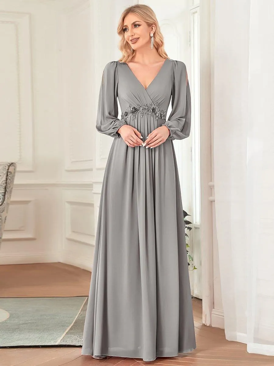 Robe de Soiree Longue Elegante Avec Lanterne en V Profond a Manches Fendues et Appliques
