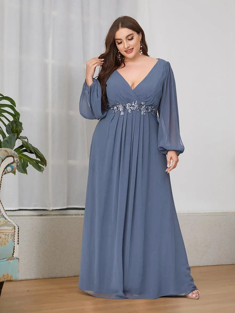 Robe de Soiree Longue Elegante Avec Lanterne en V Profond a Manches Fendues et Appliques