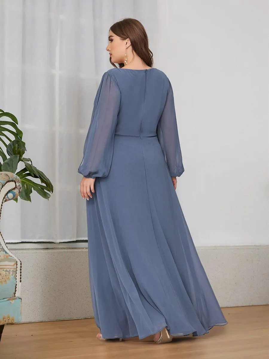 Robe de Soiree Longue Elegante Avec Lanterne en V Profond a Manches Fendues et Appliques