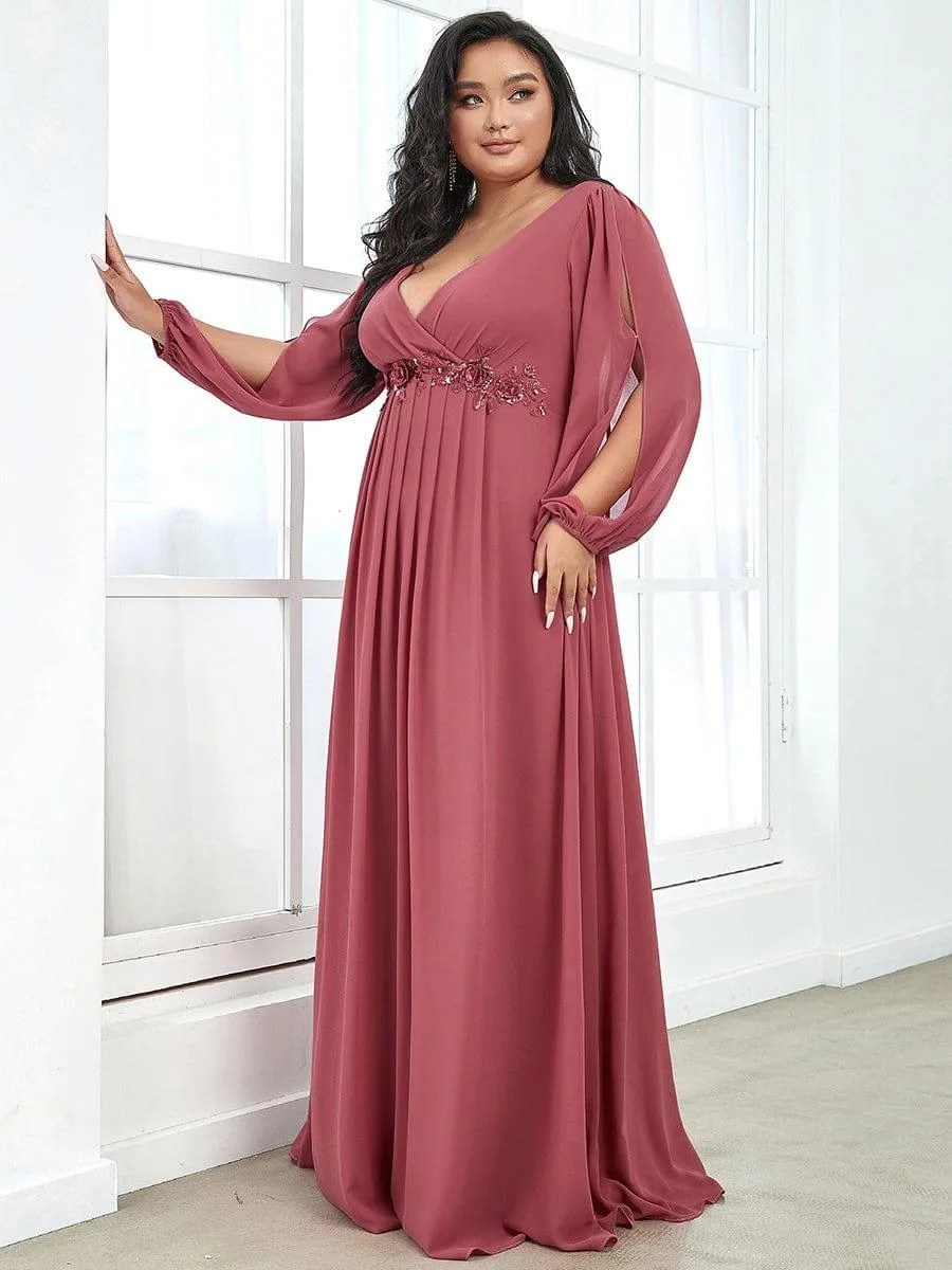Robe de Soiree Longue Elegante Avec Lanterne en V Profond a Manches Fendues et Appliques