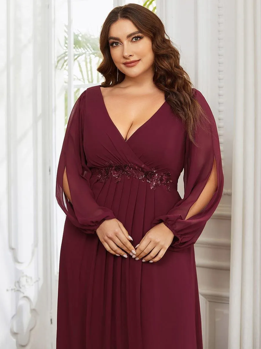 Robe de Soiree Longue Elegante Avec Lanterne en V Profond a Manches Fendues et Appliques
