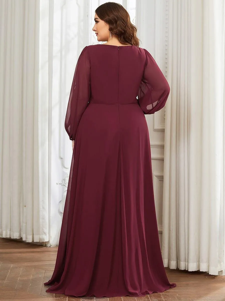 Robe de Soiree Longue Elegante Avec Lanterne en V Profond a Manches Fendues et Appliques
