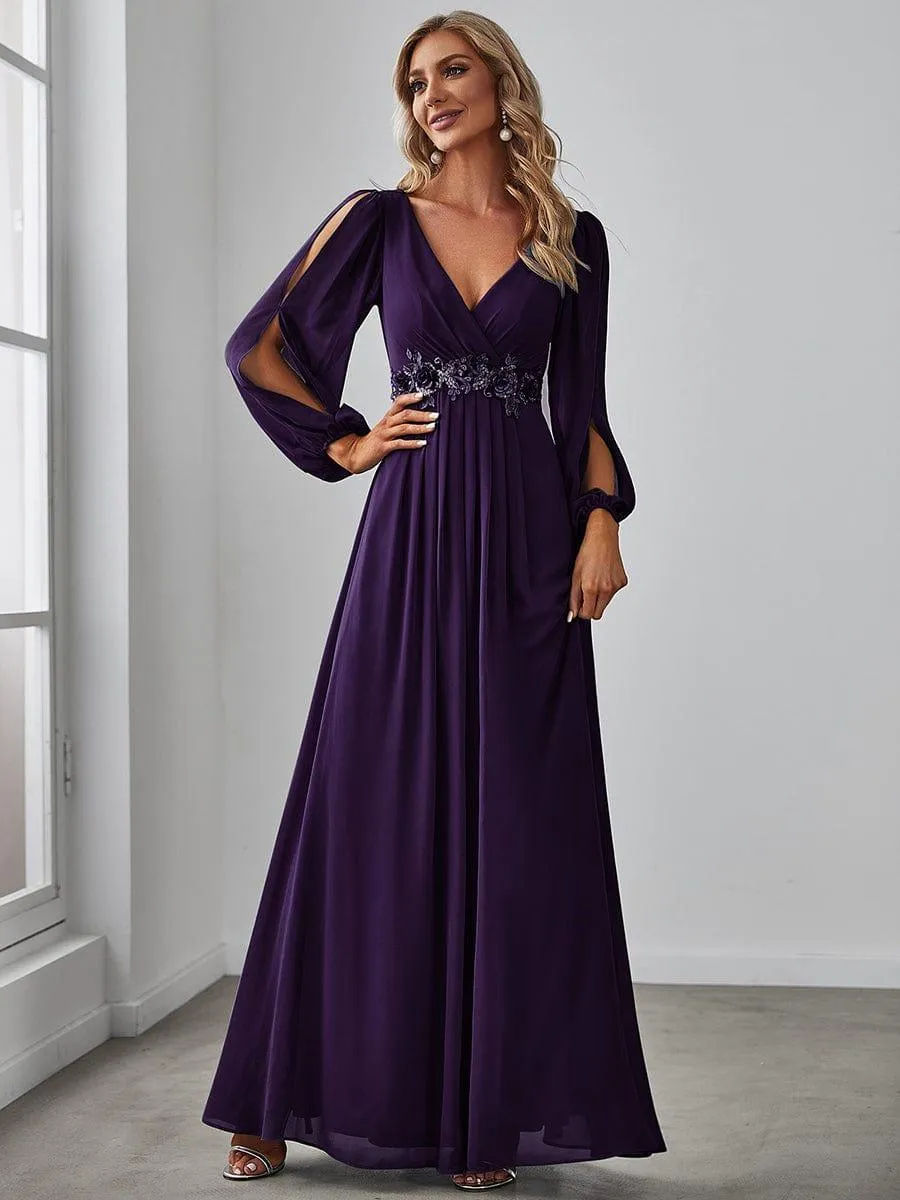Robe de Soiree Longue Elegante Avec Lanterne en V Profond a Manches Fendues et Appliques