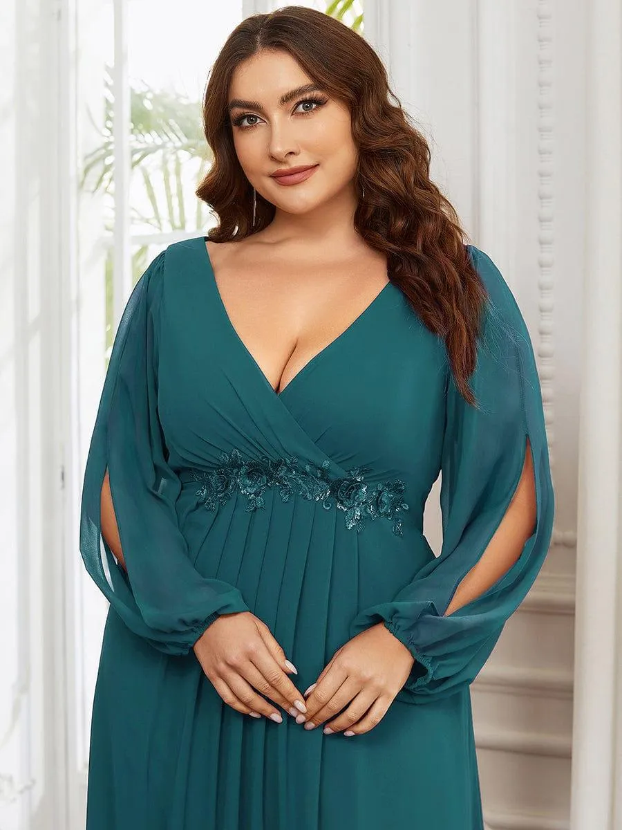 Robe de Soiree Longue Elegante Avec Lanterne en V Profond a Manches Fendues et Appliques
