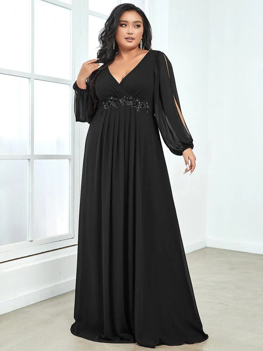 Robe de Soiree Longue Elegante Avec Lanterne en V Profond a Manches Fendues et Appliques