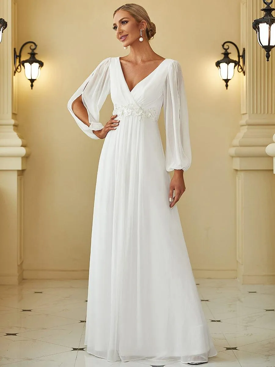 Robe de Soiree Longue Elegante Avec Lanterne en V Profond a Manches Fendues et Appliques