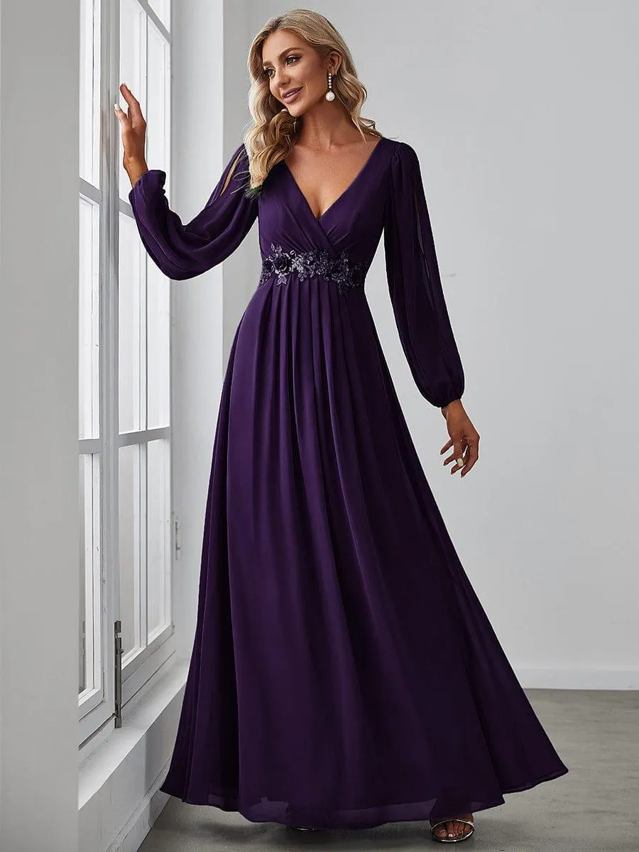 Robe de Soiree Longue Elegante Avec Lanterne en V Profond a Manches Fendues et Appliques