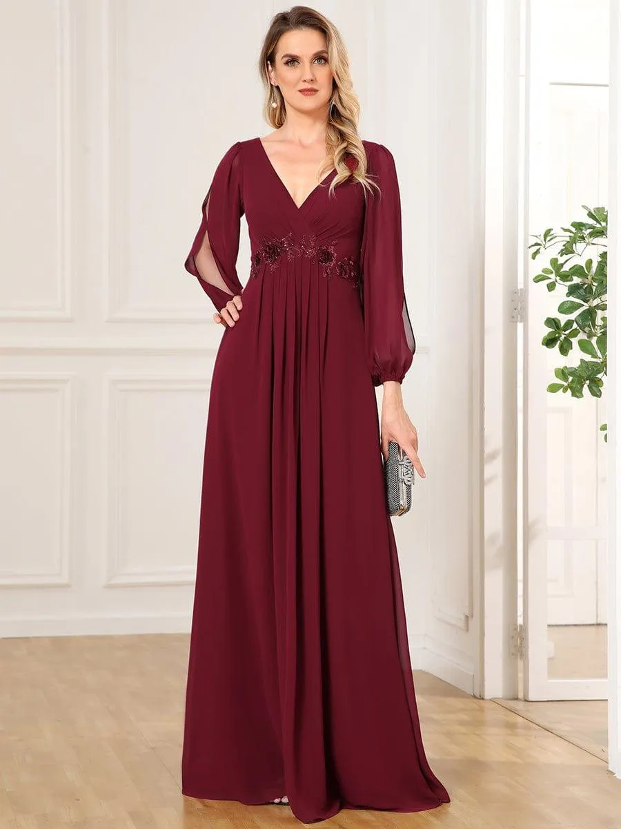 Robe de Soiree Longue Elegante Avec Lanterne en V Profond a Manches Fendues et Appliques
