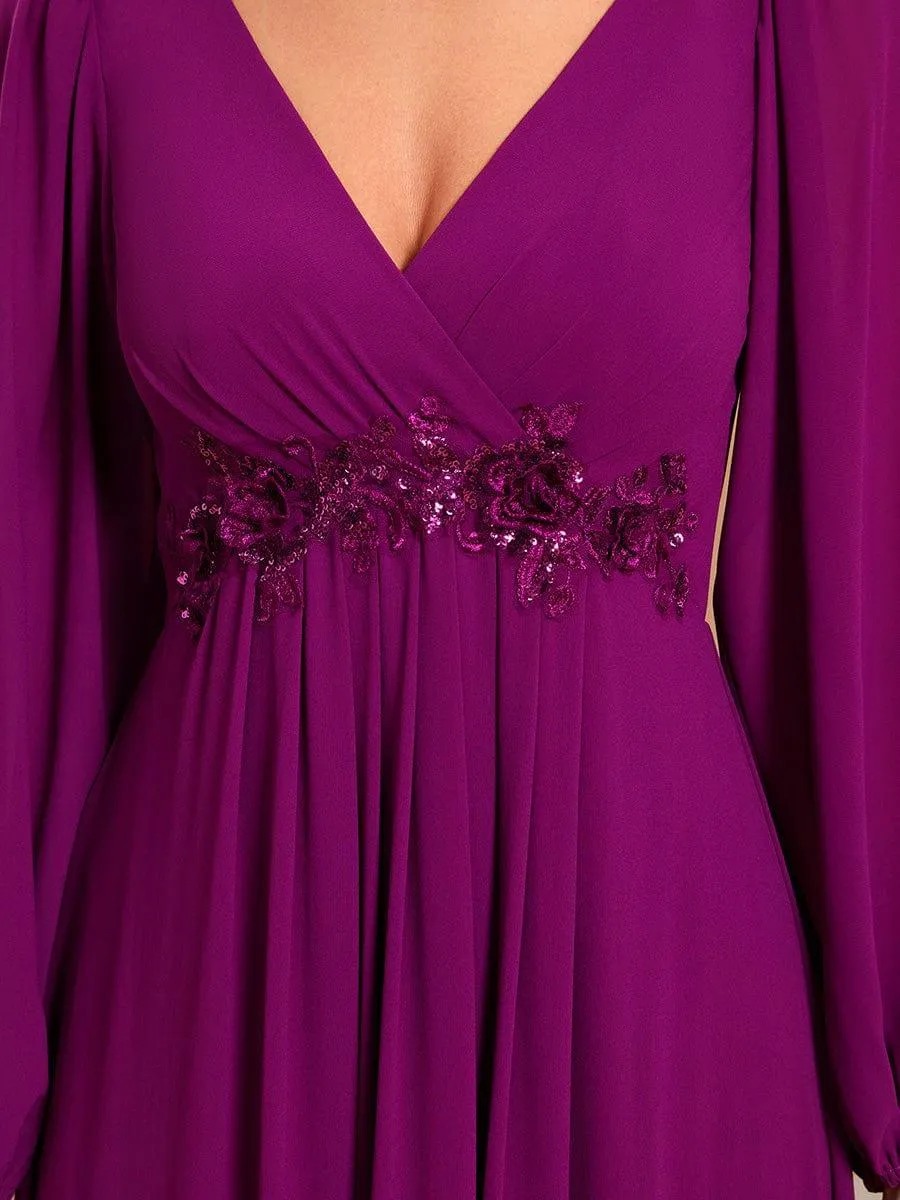 Robe de Soiree Longue Elegante Avec Lanterne en V Profond a Manches Fendues et Appliques