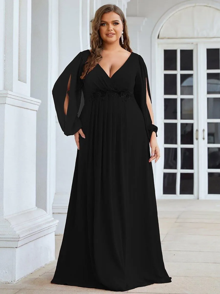 Robe de Soiree Longue Elegante Avec Lanterne en V Profond a Manches Fendues et Appliques