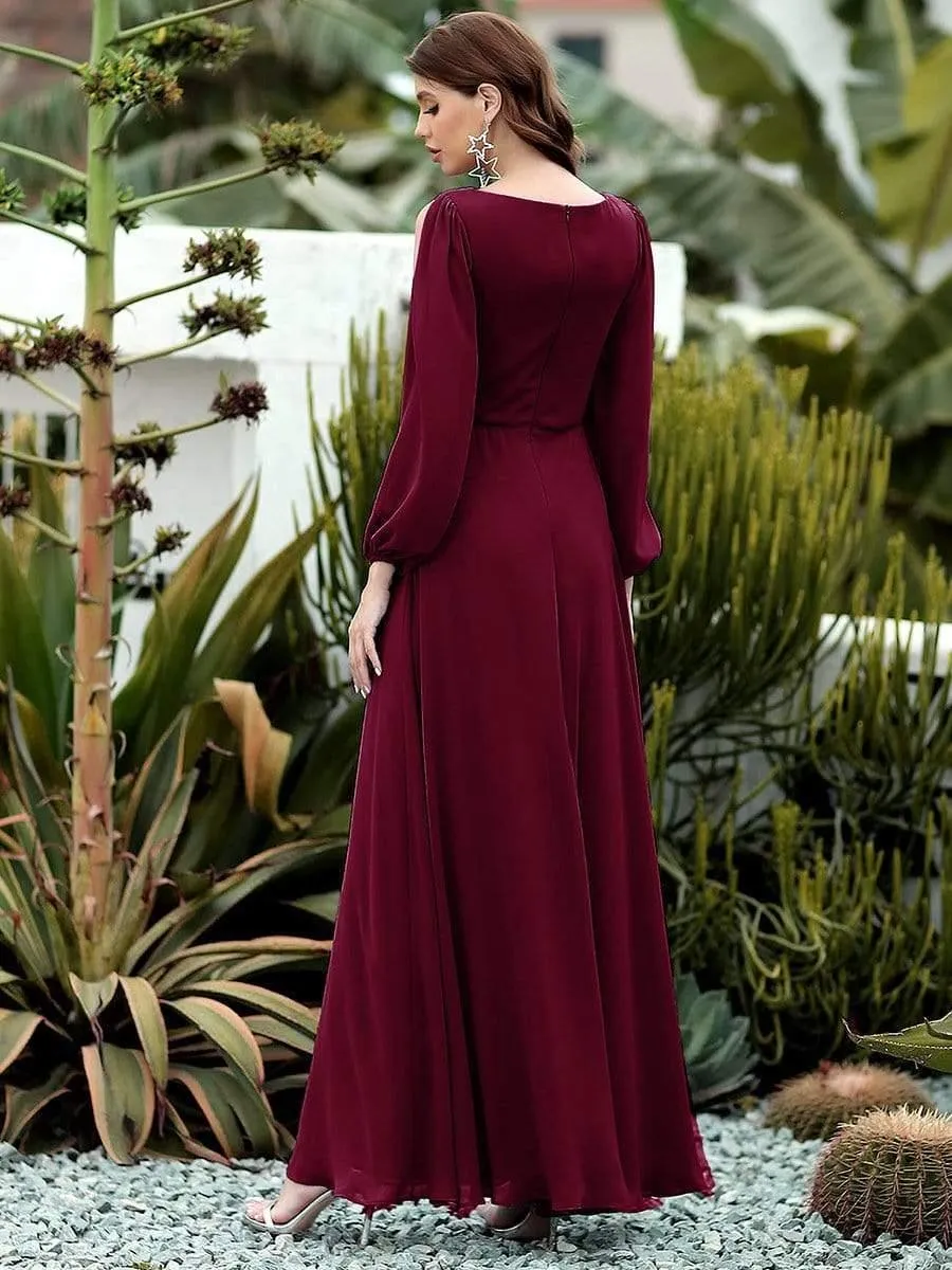 Robe de Soiree Longue Elegante Avec Lanterne en V Profond a Manches Fendues et Appliques