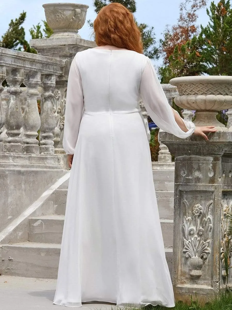 Robe de Soiree Longue Elegante Avec Lanterne en V Profond a Manches Fendues et Appliques