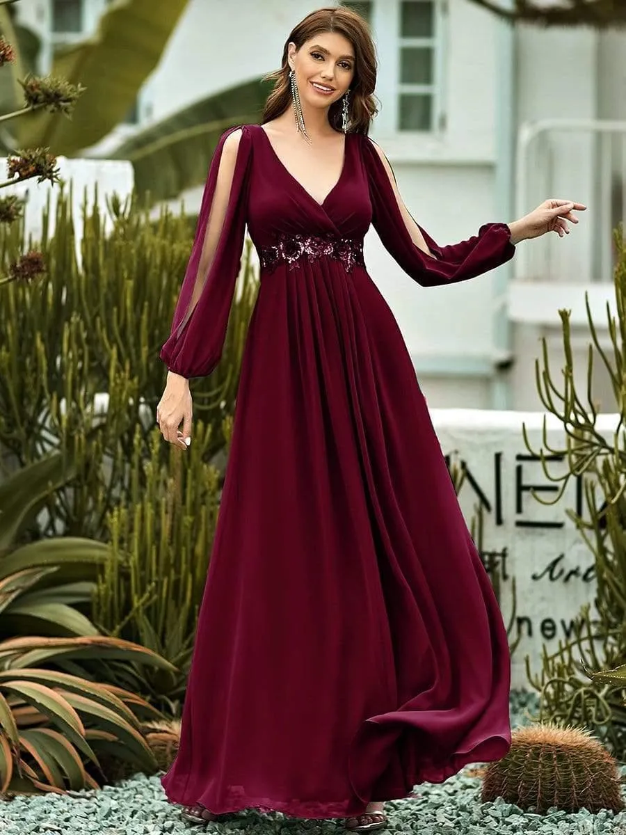 Robe de Soiree Longue Elegante Avec Lanterne en V Profond a Manches Fendues et Appliques