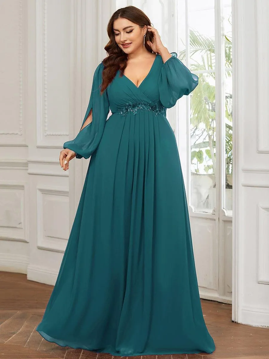 Robe de Soiree Longue Elegante Avec Lanterne en V Profond a Manches Fendues et Appliques