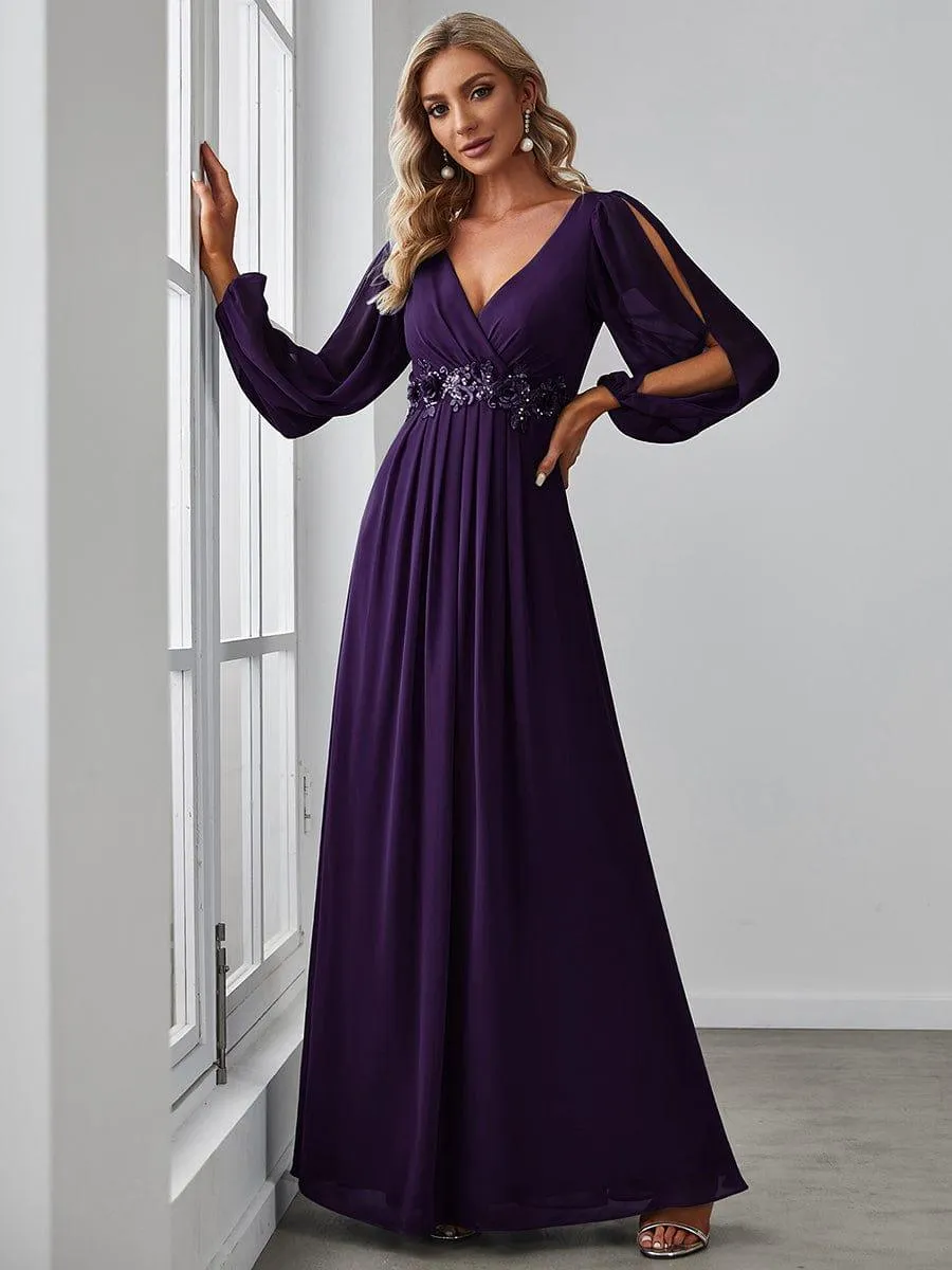 Robe de Soiree Longue Elegante Avec Lanterne en V Profond a Manches Fendues et Appliques