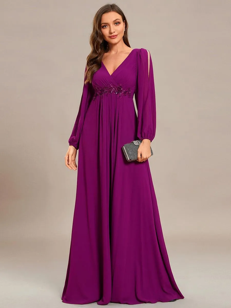 Robe de Soiree Longue Elegante Avec Lanterne en V Profond a Manches Fendues et Appliques