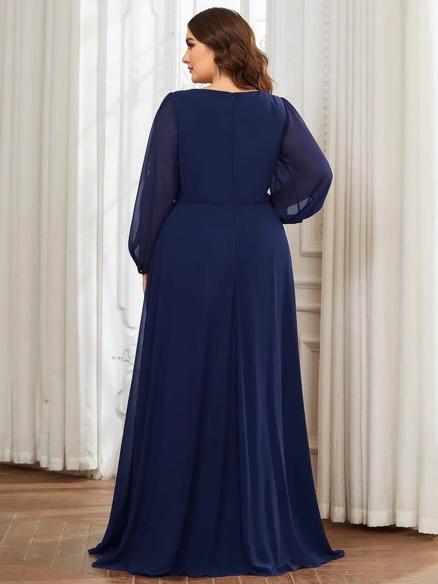 Robe de Soiree Longue Elegante Avec Lanterne en V Profond a Manches Fendues et Appliques