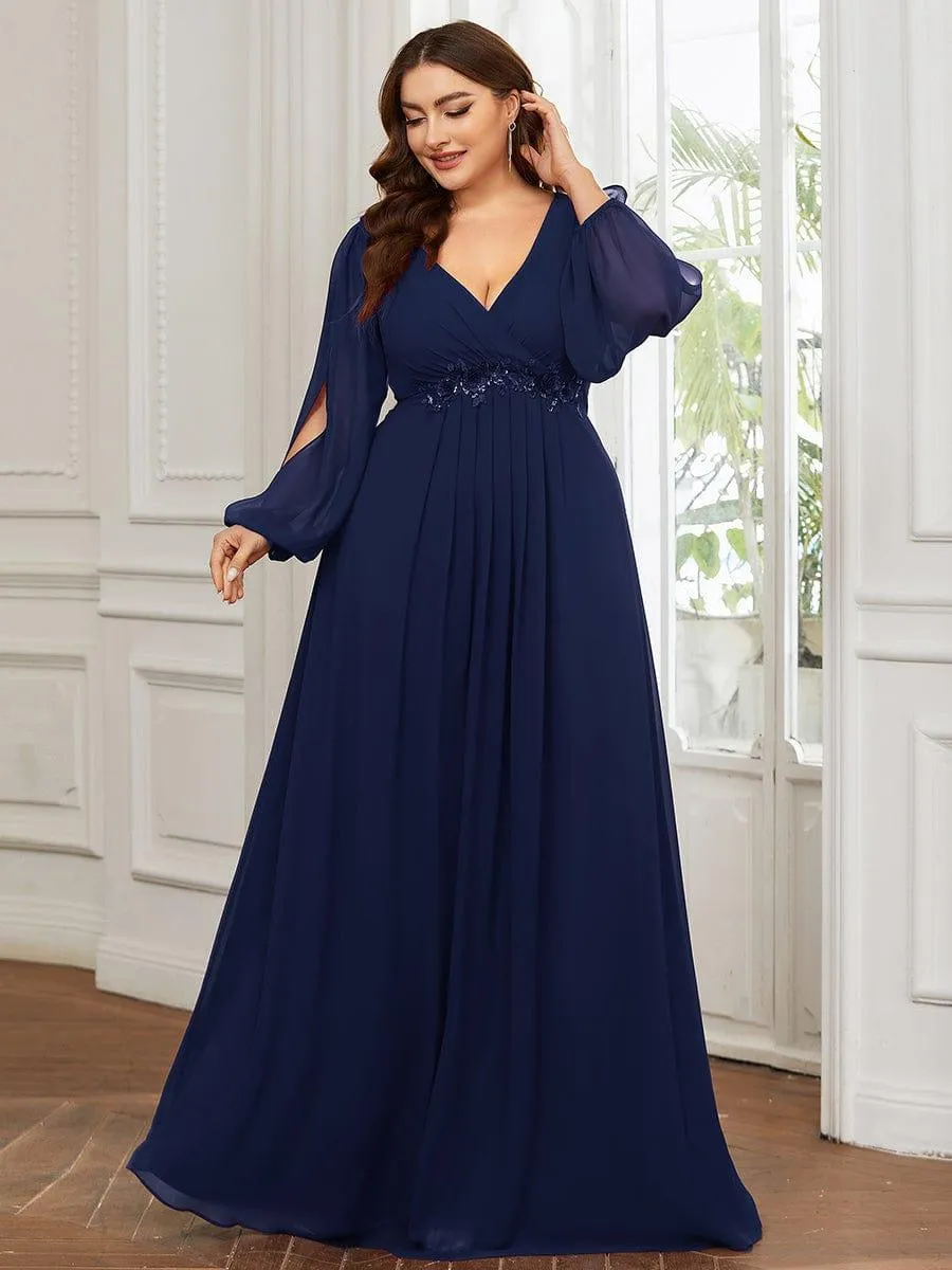 Robe de Soiree Longue Elegante Avec Lanterne en V Profond a Manches Fendues et Appliques