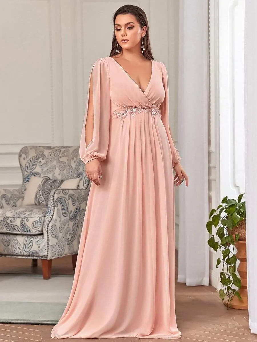 Robe de Soiree Longue Elegante Avec Lanterne en V Profond a Manches Fendues et Appliques