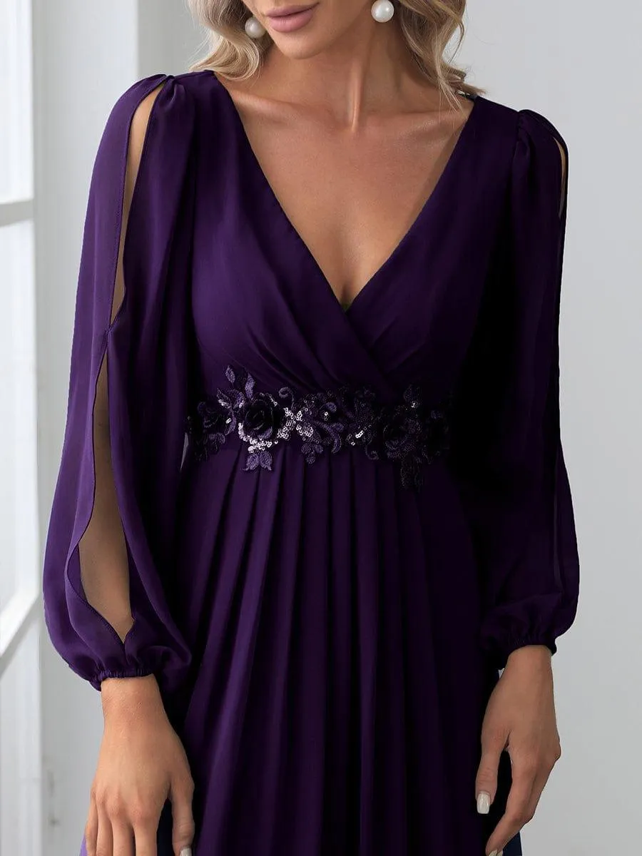 Robe de Soiree Longue Elegante Avec Lanterne en V Profond a Manches Fendues et Appliques