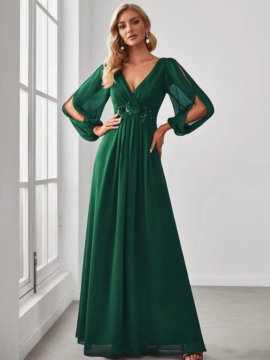 Robe de Soiree Longue Elegante Avec Lanterne en V Profond a Manches Fendues et Appliques