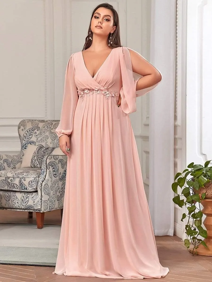Robe de Soiree Longue Elegante Avec Lanterne en V Profond a Manches Fendues et Appliques
