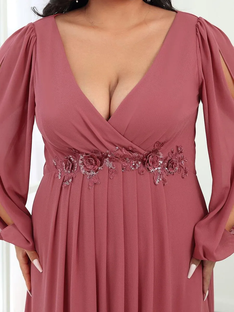 Robe de Soiree Longue Elegante Avec Lanterne en V Profond a Manches Fendues et Appliques