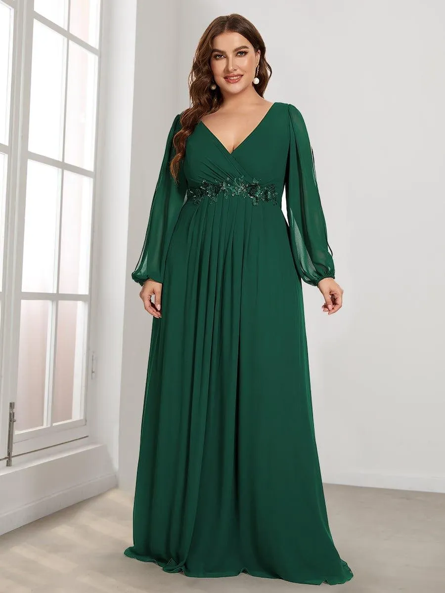 Robe de Soiree Longue Elegante Avec Lanterne en V Profond a Manches Fendues et Appliques