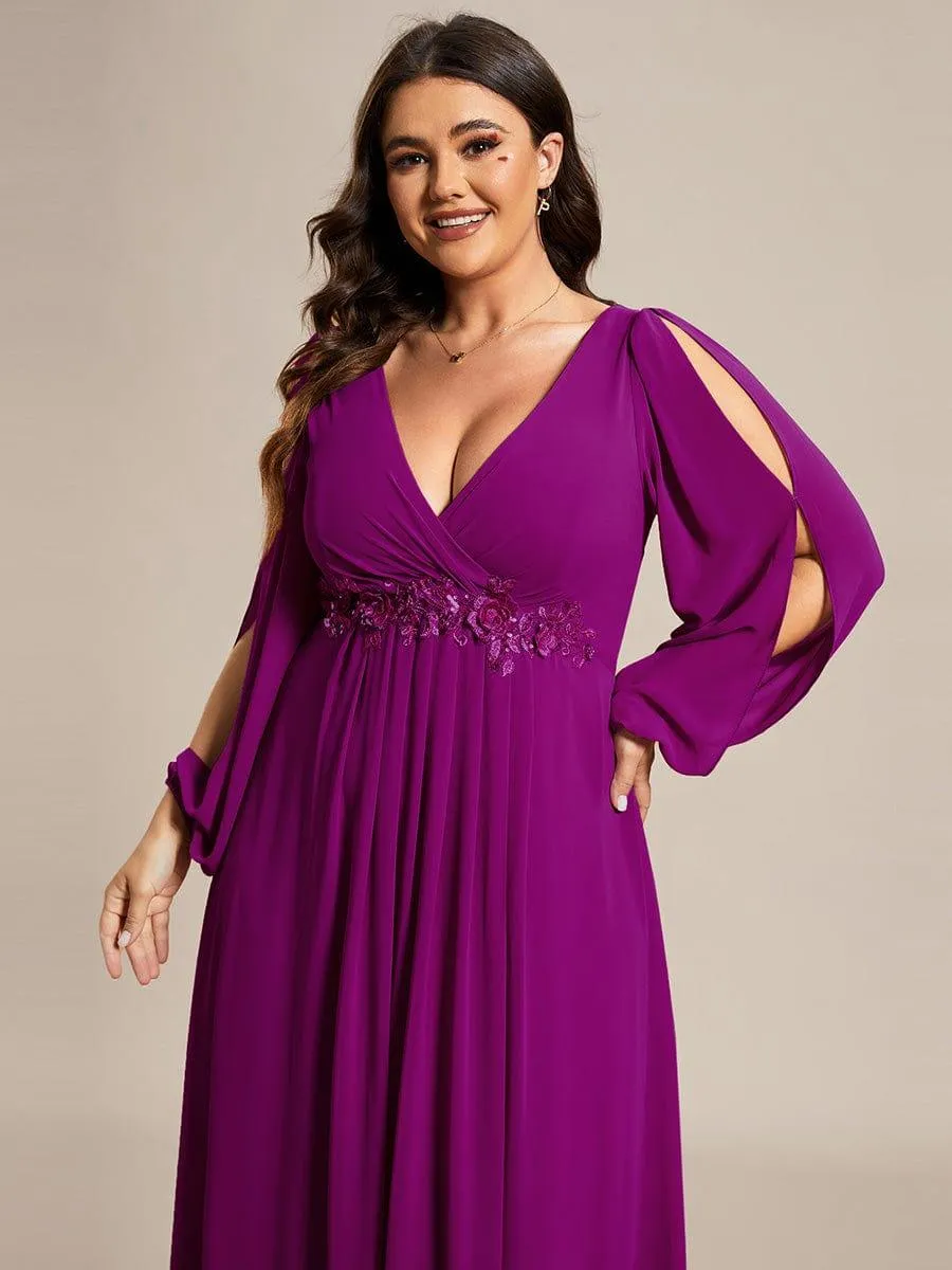 Robe de Soiree Longue Elegante Avec Lanterne en V Profond a Manches Fendues et Appliques