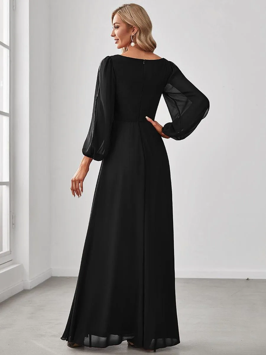 Robe de Soiree Longue Elegante Avec Lanterne en V Profond a Manches Fendues et Appliques
