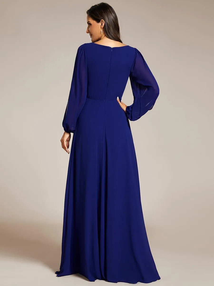 Robe de Soiree Longue Elegante Avec Lanterne en V Profond a Manches Fendues et Appliques