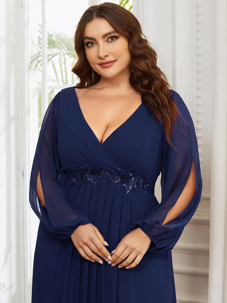 Robe de Soiree Longue Elegante Avec Lanterne en V Profond a Manches Fendues et Appliques