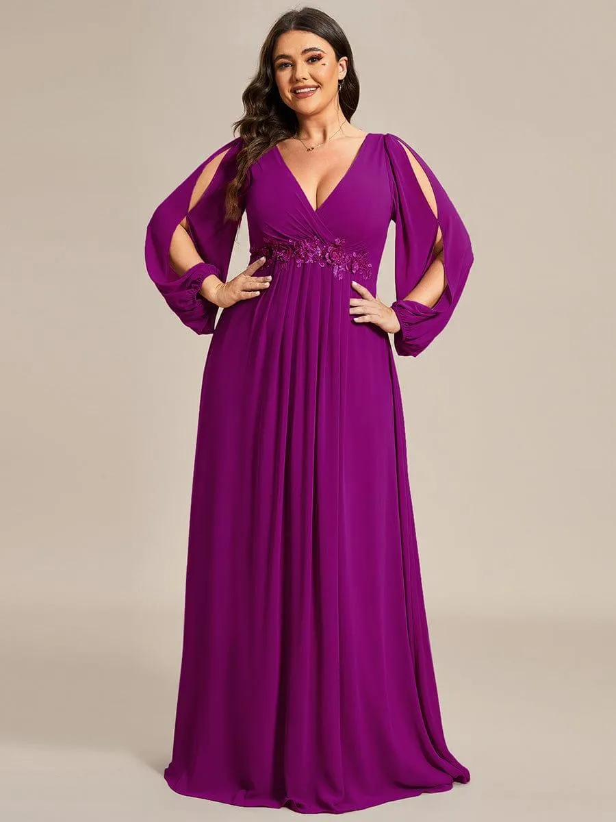 Robe de Soiree Longue Elegante Avec Lanterne en V Profond a Manches Fendues et Appliques