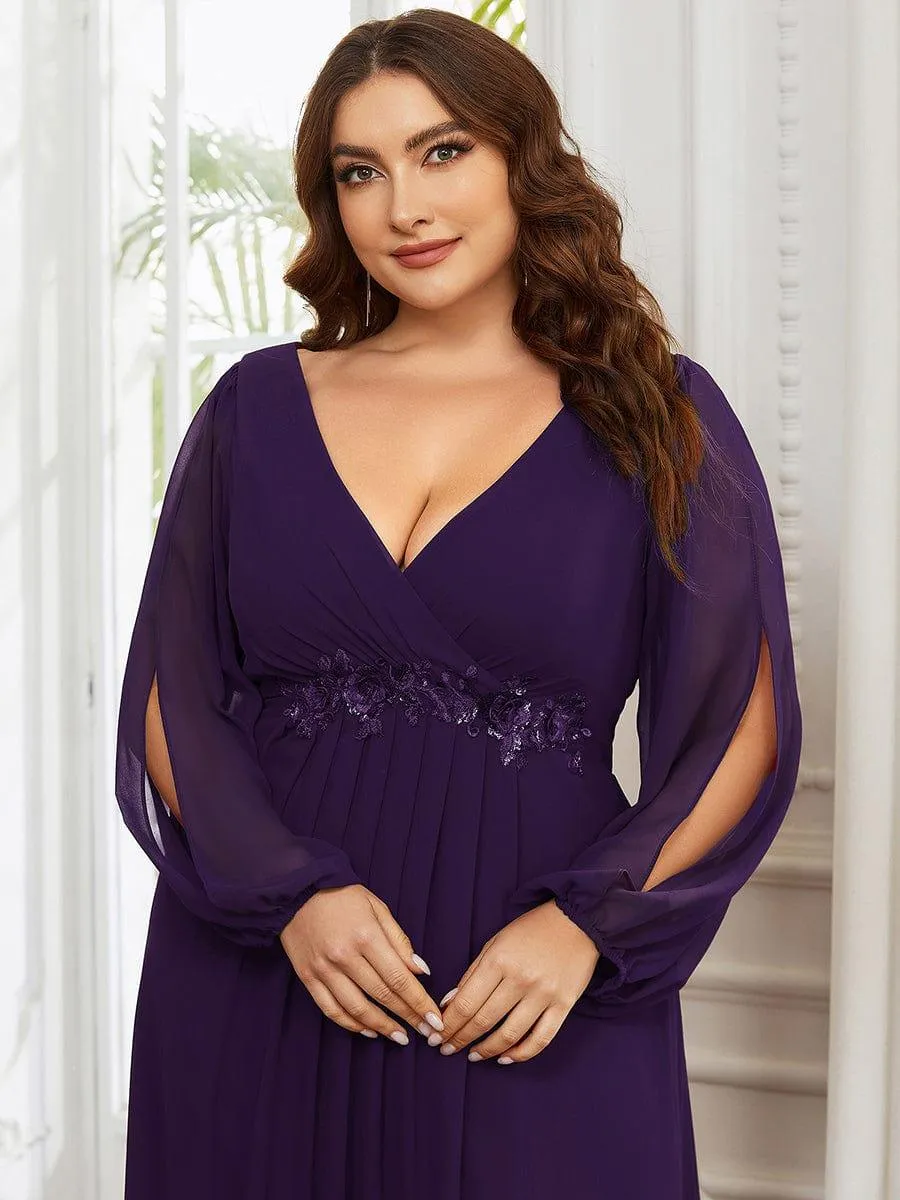 Robe de Soiree Longue Elegante Avec Lanterne en V Profond a Manches Fendues et Appliques