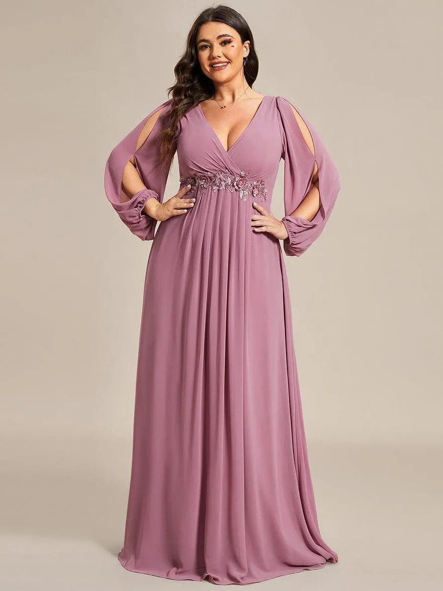 Robe de Soiree Longue Elegante Avec Lanterne en V Profond a Manches Fendues et Appliques