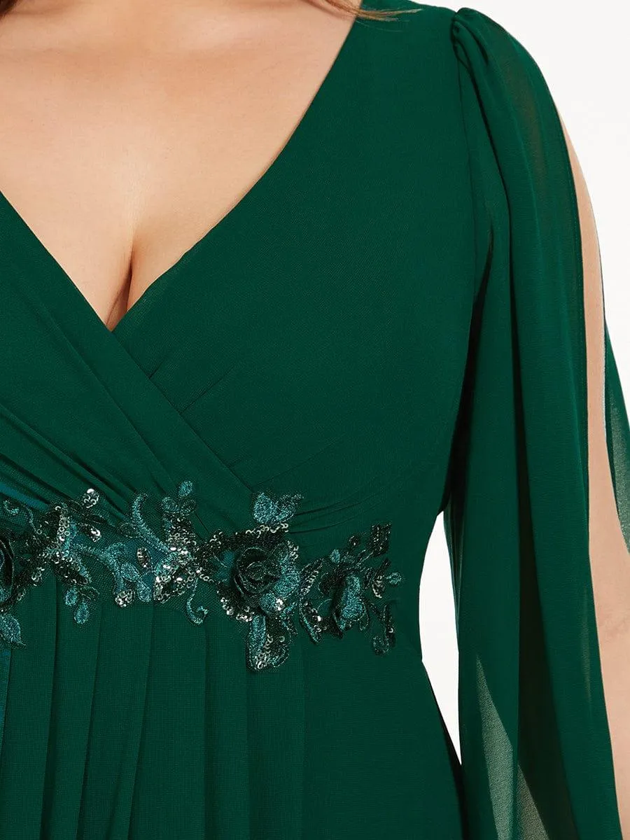 Robe de Soiree Longue Elegante Avec Lanterne en V Profond a Manches Fendues et Appliques