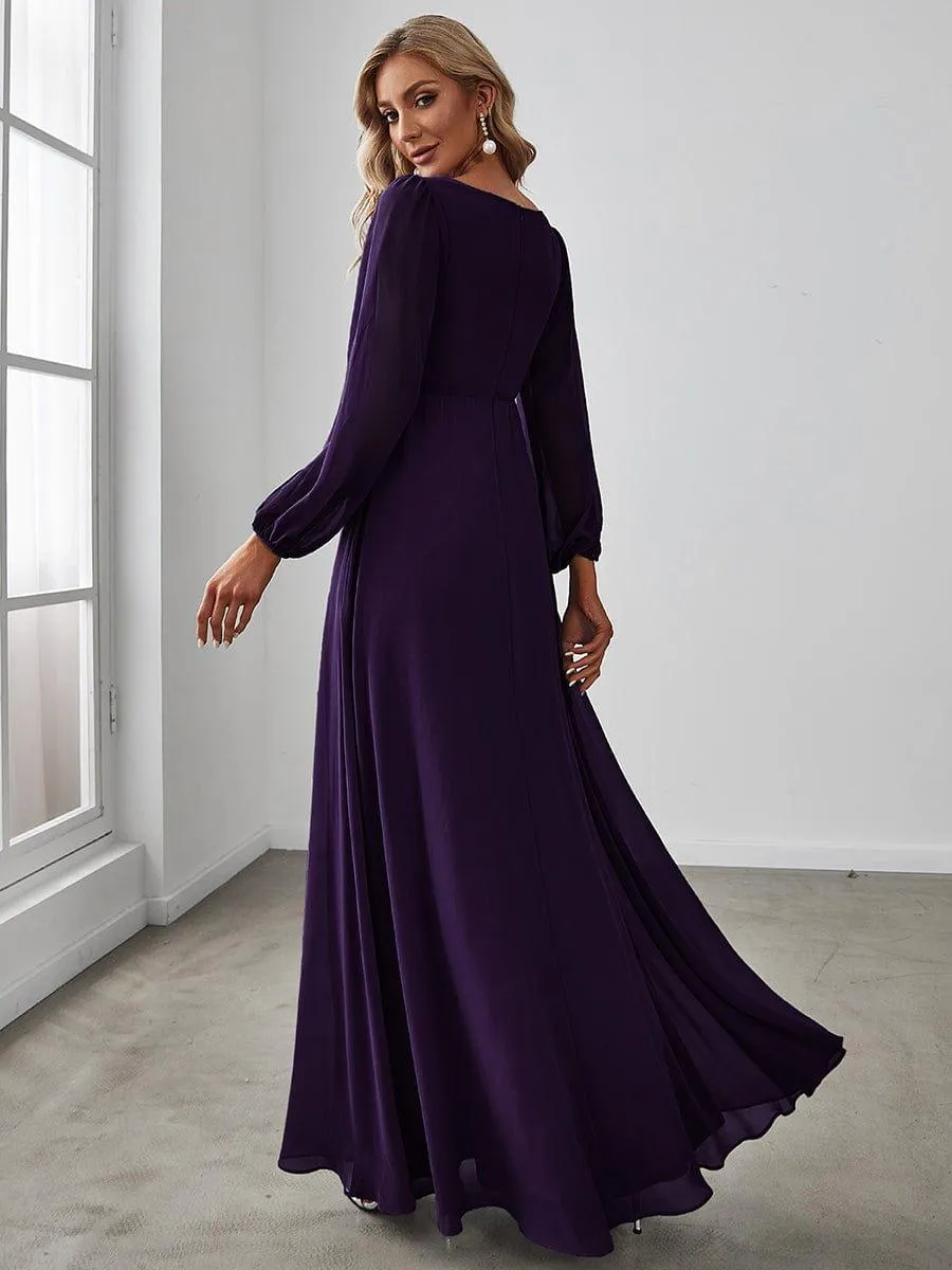 Robe de Soiree Longue Elegante Avec Lanterne en V Profond a Manches Fendues et Appliques