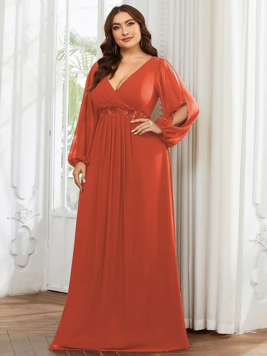 Robe de Soiree Longue Elegante Avec Lanterne en V Profond a Manches Fendues et Appliques
