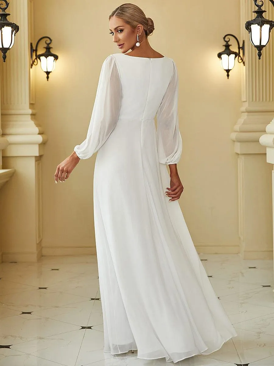 Robe de Soiree Longue Elegante Avec Lanterne en V Profond a Manches Fendues et Appliques