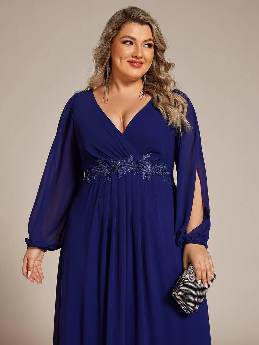 Robe de Soiree Longue Elegante Avec Lanterne en V Profond a Manches Fendues et Appliques