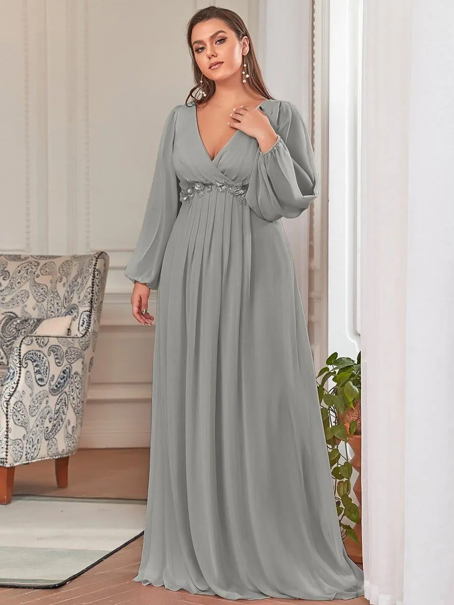 Robe de Soiree Longue Elegante Avec Lanterne en V Profond a Manches Fendues et Appliques