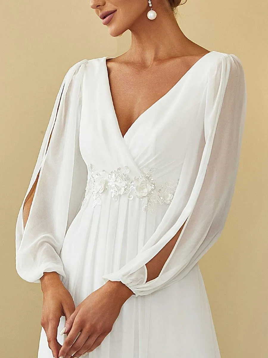 Robe de Soiree Longue Elegante Avec Lanterne en V Profond a Manches Fendues et Appliques