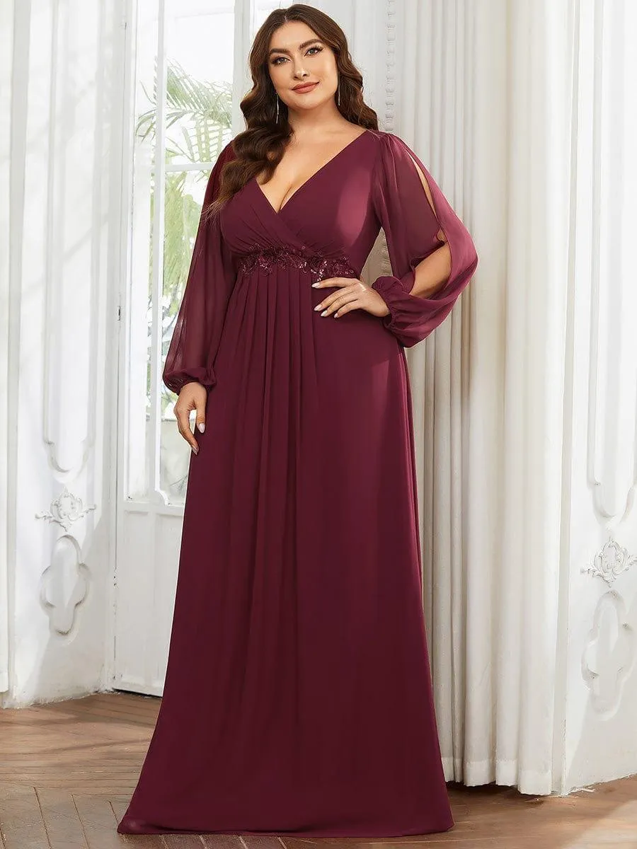Robe de Soiree Longue Elegante Avec Lanterne en V Profond a Manches Fendues et Appliques